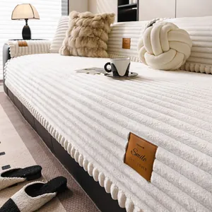 Modern Minimalist Striped Angora Fleece Sofa Cover Non-Slip Thick Warm Cushion Furniture Protector For Living Room Home