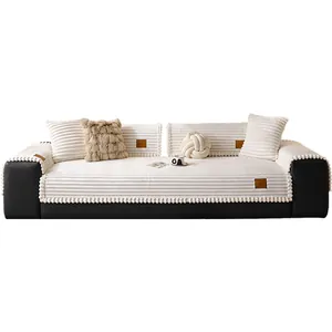 Minimalist thick faux rabbit fur seat cushion in cream white with decorative pom-pom edges