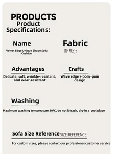 Detailed washing instructions for chenille sofa cushion with care symbols and fabric specs