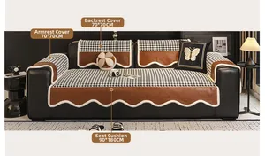 Detail of houndstooth sofa cover showing dimensions for armrest and seat cushion