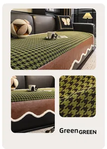 Detail of green houndstooth sofa cushion with brown leather edge and wavy plush trim