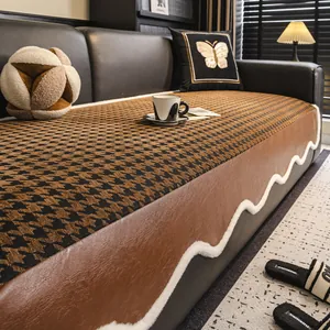 Houndstooth Chenille Sofa Cushion With Leather Look Patchwork Non Slip Wavy Edge Decorative Furniture Protector For Living Room Home Decor