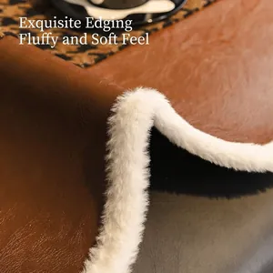 Brown leather textured houndstooth sofa cover with white faux fur trim and soft edges