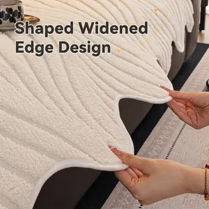 Thick cream plush sofa cover with unique wave-edged border and soft velvet texture