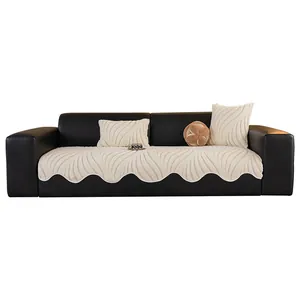Plush cream-colored sofa cover with wavy 3D texture and scalloped edges for home decor