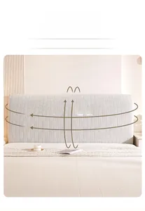Detail of light grey elastic headboard cover featuring fine vertical striped texture