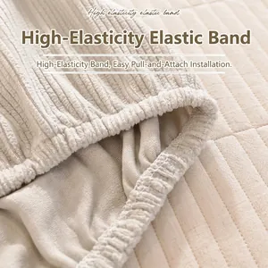 Elastic band detail of beige corduroy headboard cover showing high stretch and texture