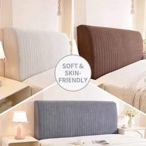 Universal elastic headboard cover with vertical ribbed texture in beige, brown, and blue