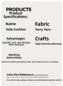 Detail of high-density woven towel yarn sofa cover with care instructions and material specs