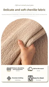 Close-up of soft beige chenille fabric texture and hand feeling for sofa covers