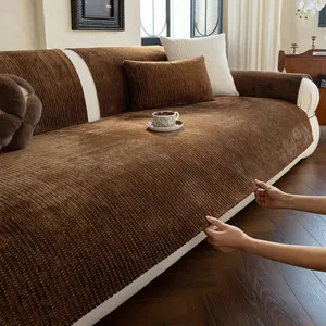 Coussin de Canapé en Velours de Vison Style Crème Épaissi Antidérapant Texture Velours Côtelé Housse de Canapé Rayée Protecteur de Meubles Lavable