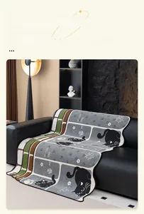 Detailed view of cat pattern chenille sofa cover with Welcome Home text and non-slip texture