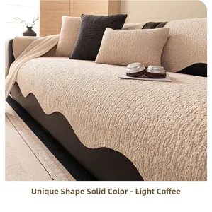 Detail of light coffee irregular chenille sofa cover with soft anti-slip textured fabric