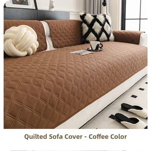 Close-up of coffee-colored quilted sofa cover with elegant diamond lattice pattern texture