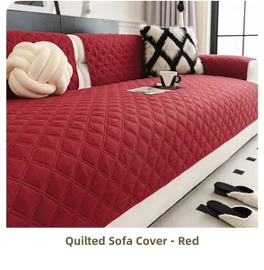 Detail of red quilted linen sofa cover with elegant diamond patterns and thick fabric