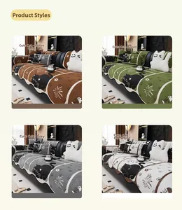 Detail view of four-color chenille sofa covers with cartoon cat patterns and floral motifs