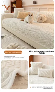 Close-up of white plush sofa cover with geometric jacquard and thick stitched edges