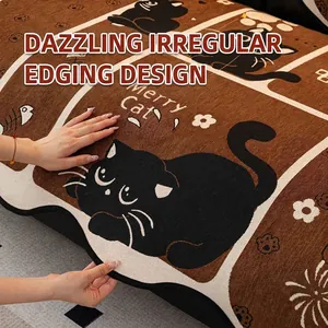 Brown chenille sofa cover with cartoon cat patterns and unique irregular black edges