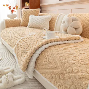 Soft Cotton Fleece Sofa Mat Thickened Non-Slip Geometric Relief Sofa Cover Cream Style Warm Couch Protector For Winter Home