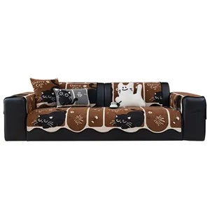 Cartoon cat chenille sofa cover set in brown with anti-slip padding and cushions