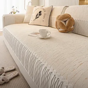 Italian Style Chenille Sofa Cushion Anti-Slip Textured Couch Cover Protective Furniture Slipcover Cream Style With Lace Edging
