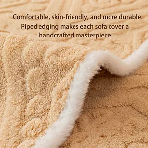 Plush cream fleece sofa cover with textured wave pattern and luxury faux fur trim edges
