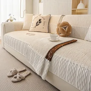 Cream chenille sofa cover set with ripple texture, lace trim, and tulip floral cushions