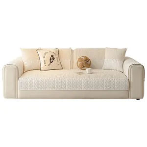 Beige chenille sofa cover with vertical pleated texture and floral tassel cushion