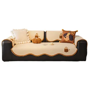 Thick teddy plush sofa cover set in cream with scallop trim and cute throw pillows