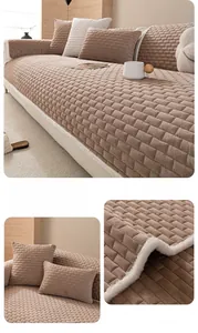 Macro detail of thick coffee small check plush sofa cover with soft faux fur trim edges