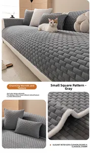 Detail of grey checkered crystal velvet sofa cover with soft white plush trim edges