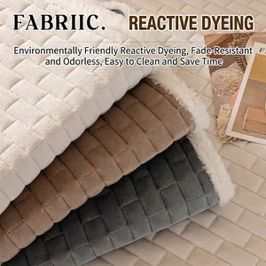 Thick quilted crystal velvet sofa cover in cream, khaki and grey with plush edges