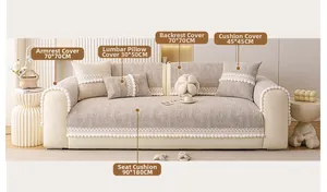 Detailed view of beige thickened sofa cover with lace trim and size labels