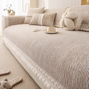 Minimalist Chenille Sofa Cover Non-slip Thickened Cushion With Lace Edge Stripe Pattern Decor Sofa Slipcover Living Room