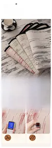Macro detail of irregular chenille sofa cushion featuring eco-friendly woven striped fabric