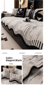 Macro detail of black and white striped chenille sofa cover with wavy edge stitching
