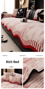 Detail of red geometric chenille sofa cover and matching pillows with woven texture
