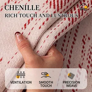 Irregular chenille sofa cover in cream white with red jacquard dots and plush texture
