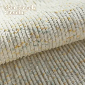 Striped chenille sofa cover fabric in cream and yellow with soft plush texture