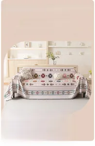 Close-up of bohemian sofa throw blanket with colorful geometric patterns and fringe detail