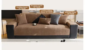 Detailed set of brown woven chenille sofa covers showing pillows and armrest sizes