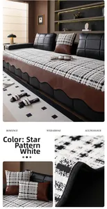 Detail of star grid chenille sofa cushion with brown leather wavy edge trim