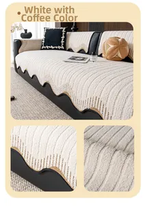 Detail of minimalist velvet sofa cover featuring creamy white fabric and coffee wavy trim