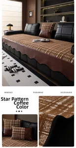 Detail of coffee brown chenille sofa cover with star grid pattern and leather trim