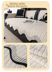 Detail of minimalist plush sofa cushion with black wavy edges and vertical stripe texture
