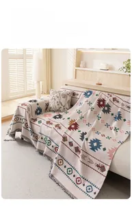 Detail of bohemian sofa throw blanket showing colorful geometric patterns and fringe edges