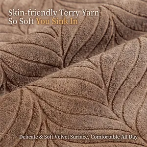 Deep brown towel yarn sofa cover with elegant leaf vein pattern and soft plush texture