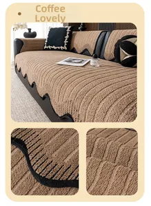 Detail showing the coffee brown plush sofa cover texture and elegant black wavy fringe edges