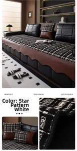 Close-up of star grid chenille sofa cushion featuring brown leather scallop edge details