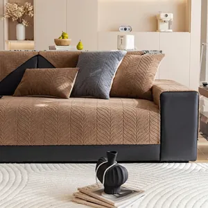 Minimalist thick chenille sofa cover with leaf texture in coffee brown and grey